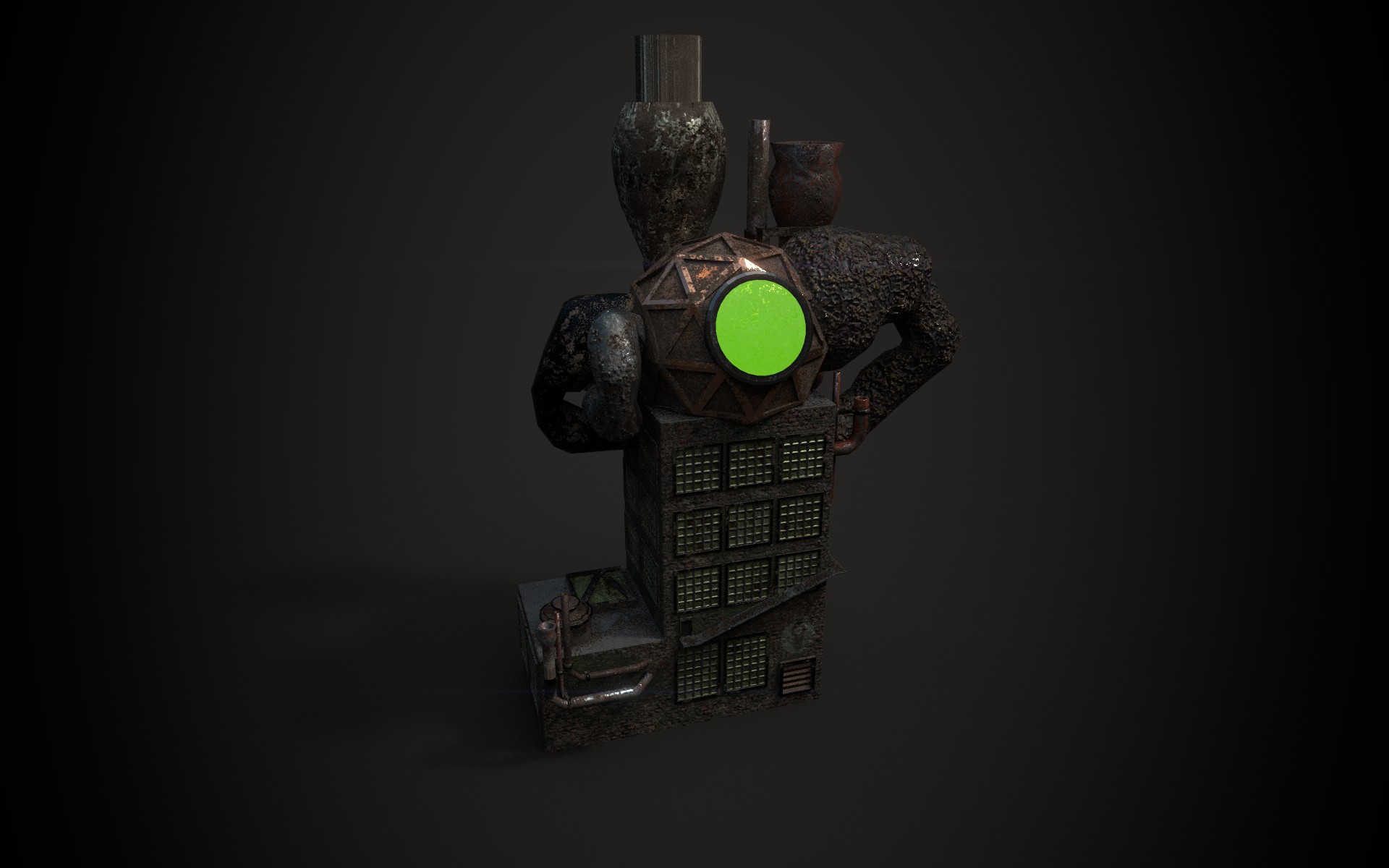 Hodpodge factory with giant green window